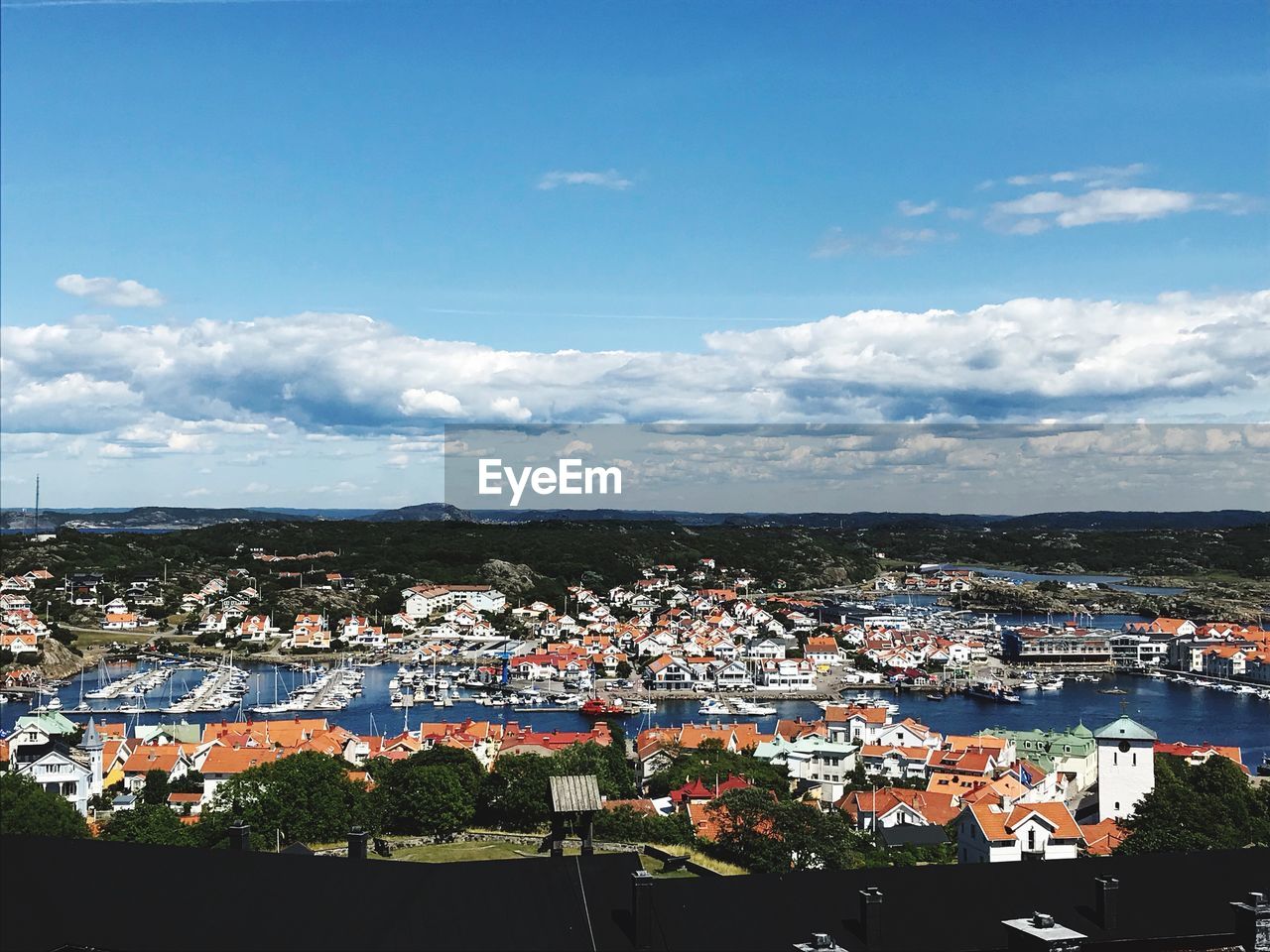 High angle shot of townscape against sky