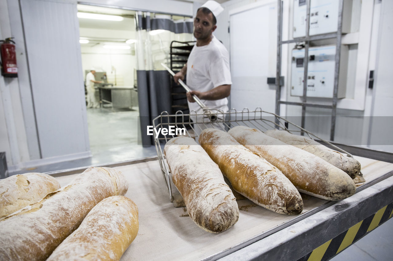 Baker taking out freshly baked bread from the oven of a bakery