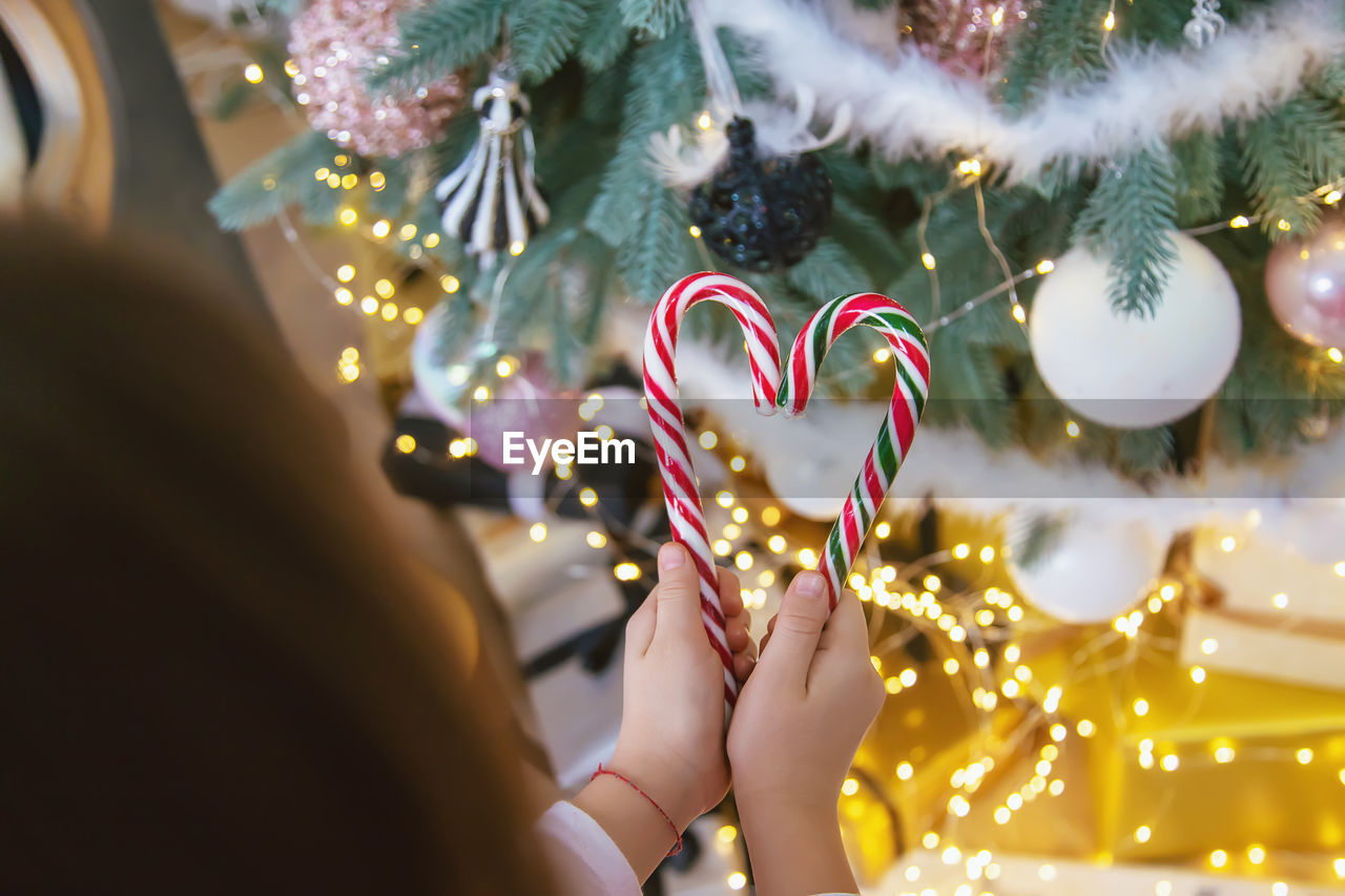 Cropped hand of girl holding candy cane against christmas tree at home