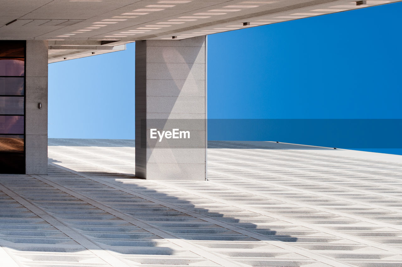 Low angle view of building against clear blue sky