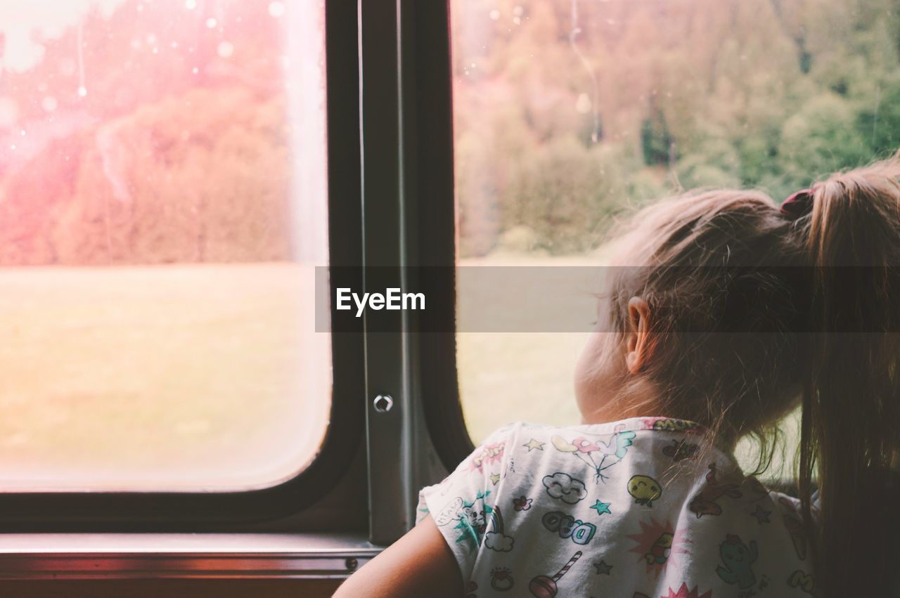 Rear view of girl looking through window while traveling in train