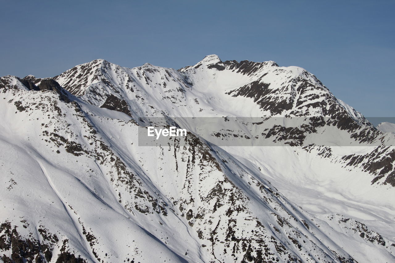 Snow covered mountains against clear sky