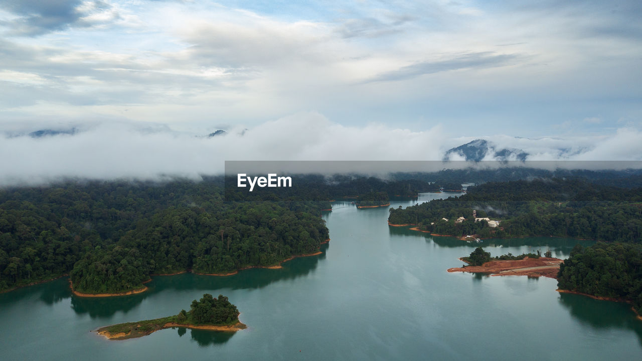 Aerial view of kenyir lake in the morning.