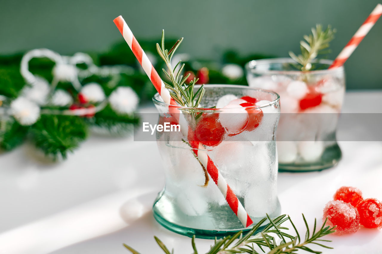 Christmas cranberry cocktail. refreshing alcoholic drink with berries for winter holidays party