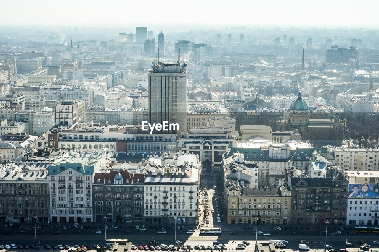 High angle view of buildings in city