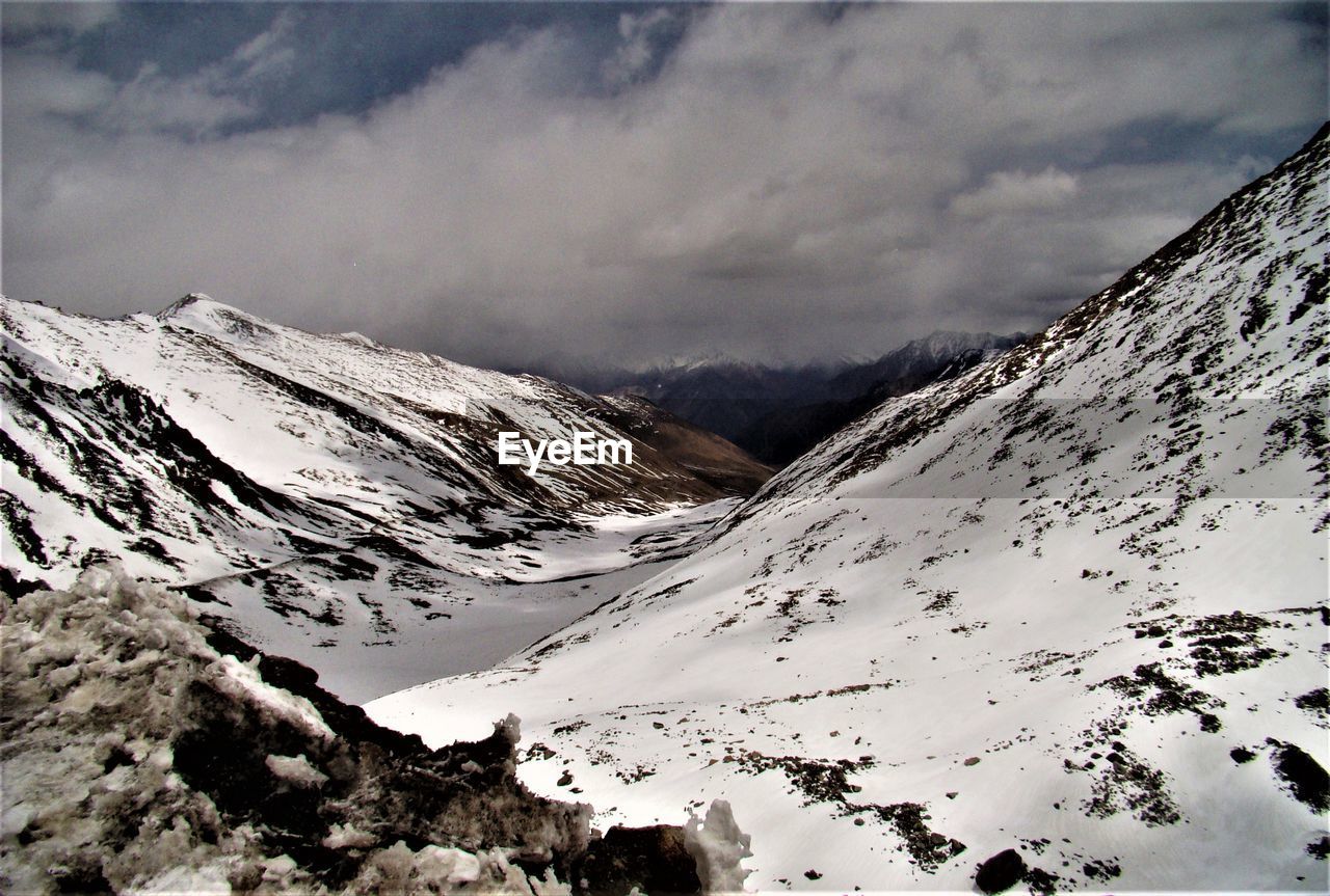 Scenic view of snow covered mountains against sky