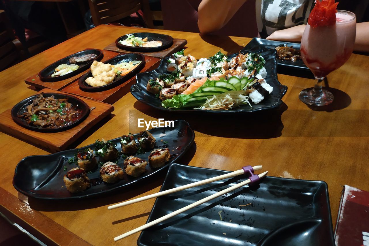 High angle view of food served on table