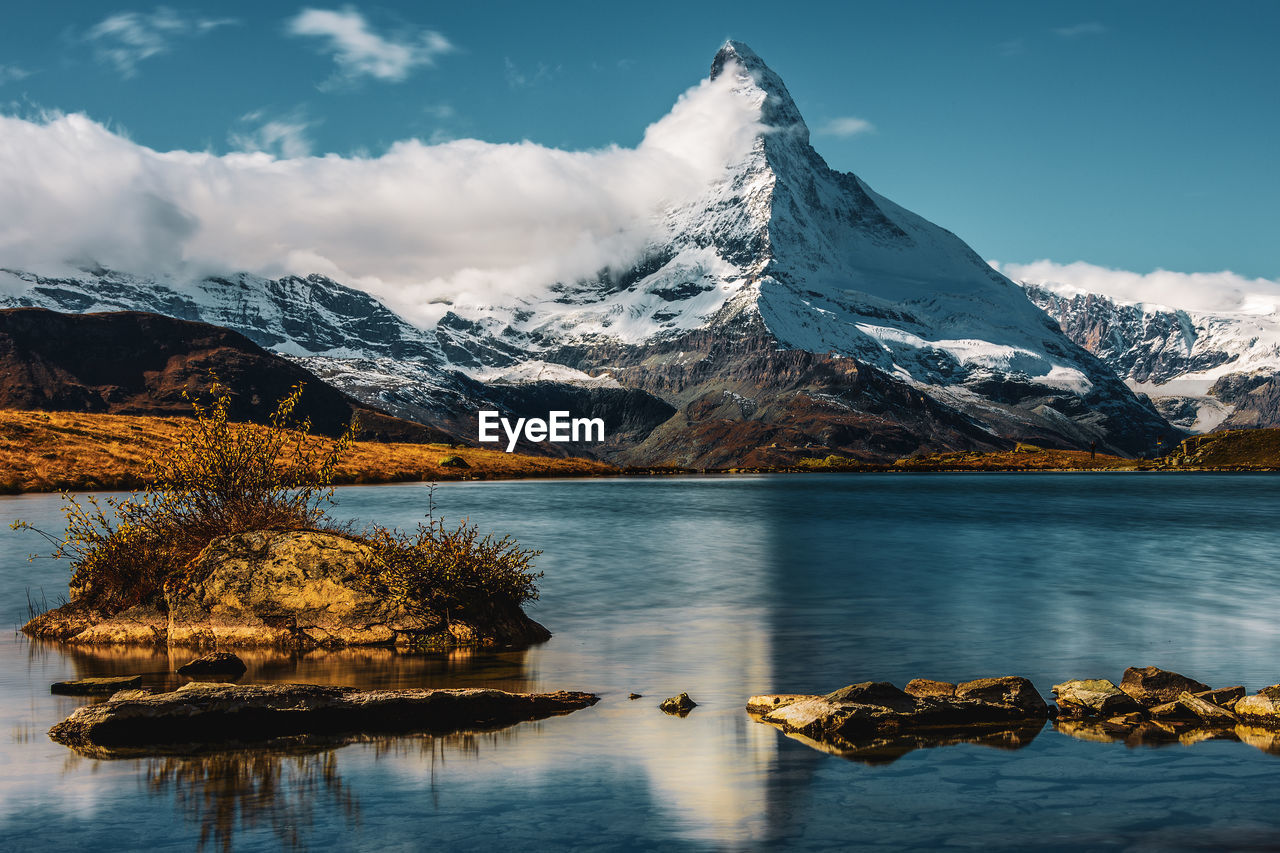 Matterhorn reflection in the lake stellisee, switzerland. landscape photography at the stellisee