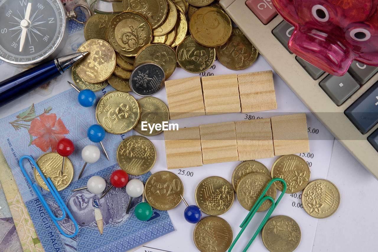 High angle view of objects on table