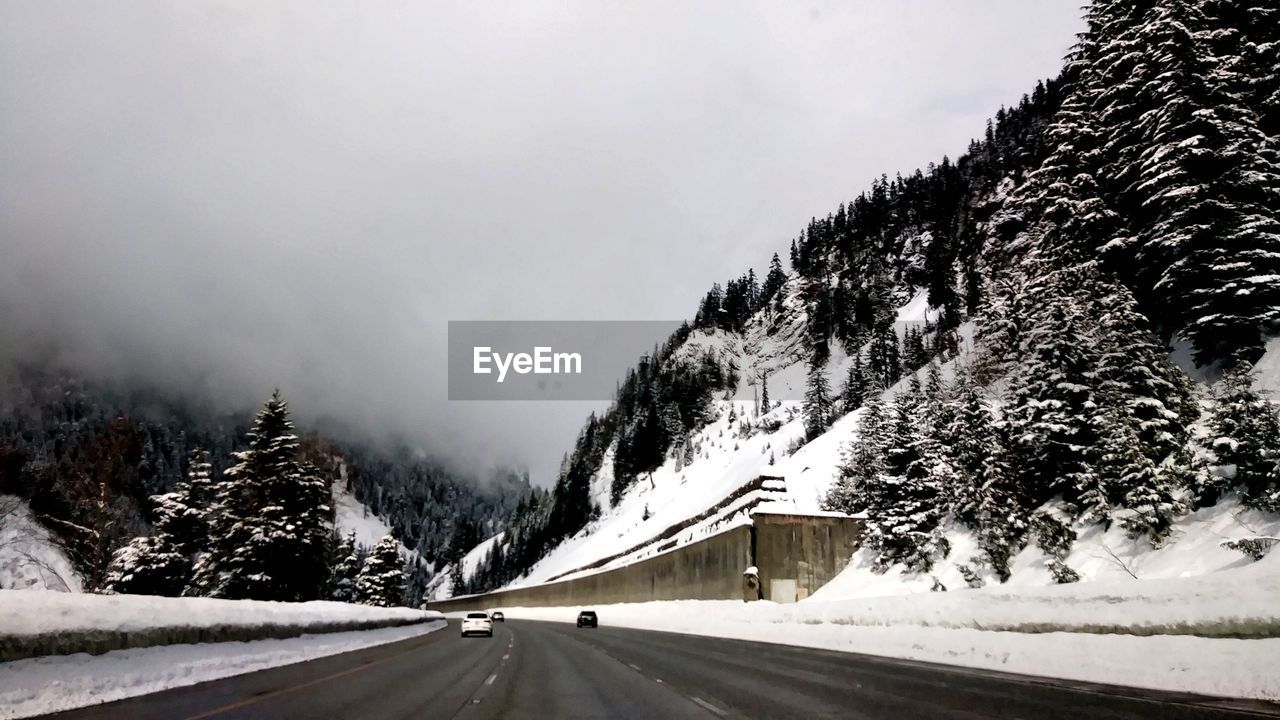 winter, snow, transportation, cold temperature, road, tree, nature, plant, mountain, environment, the way forward, sky, scenics - nature, no people, travel, beauty in nature, landscape, motor vehicle, car, cloud, mode of transportation, coniferous tree, pinaceae, non-urban scene, pine tree, land, travel destinations, outdoors, freezing, monochrome, day, frozen, forest, storm, diminishing perspective, street, tranquil scene, journey, country road, tranquility, mountain range, snowing, sign, highway, motion, empty road