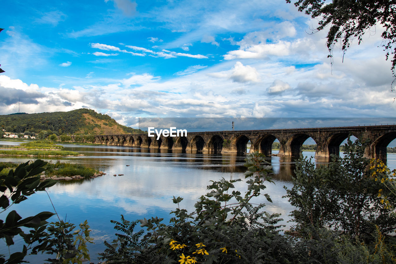 arch bridge over lake against sky