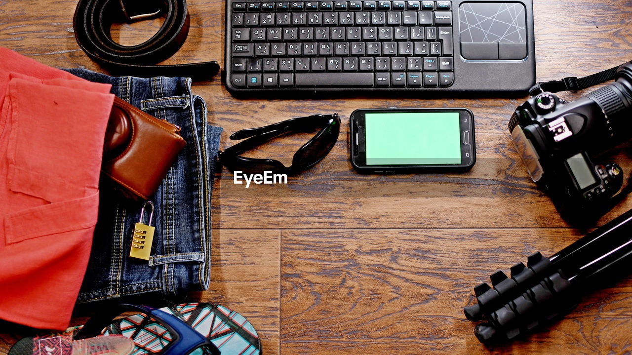 High angle view of objects on table