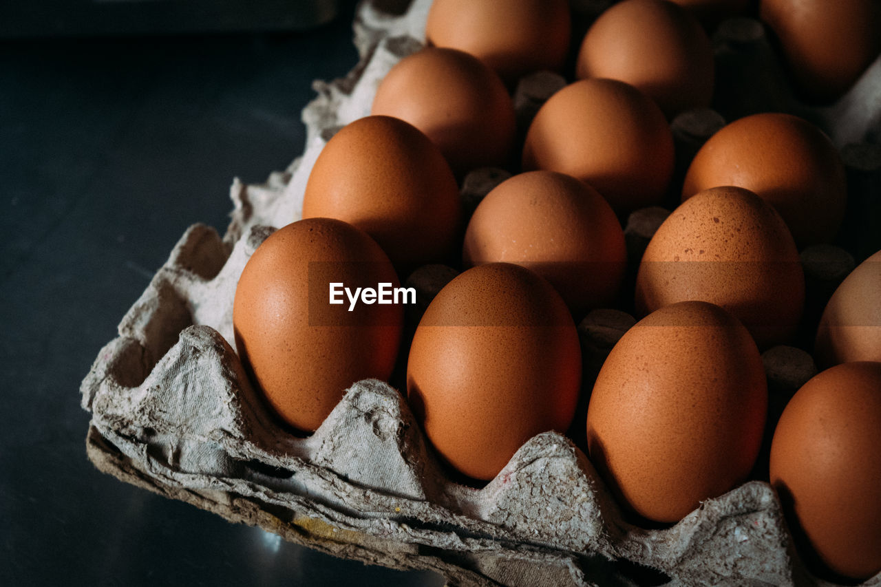 High angle view of eggs in container