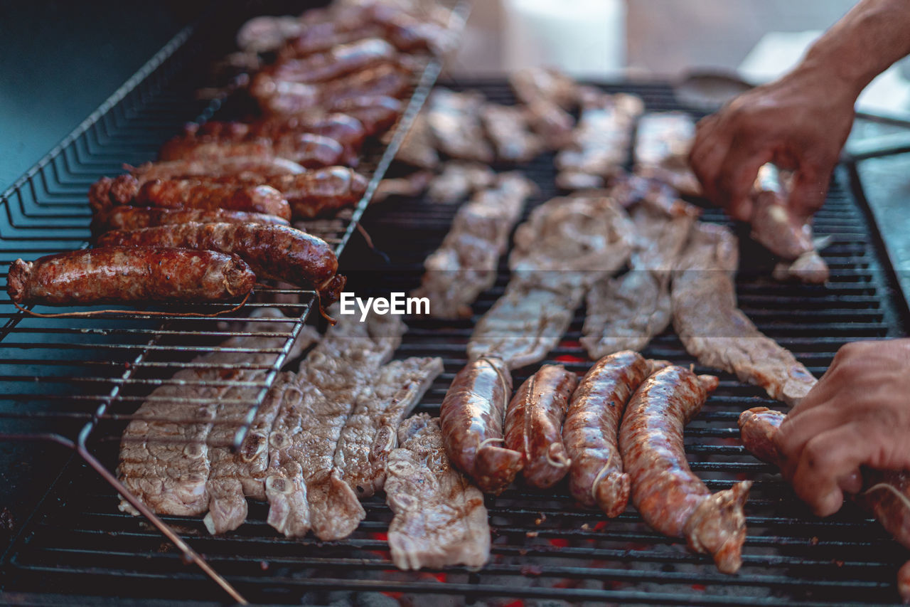 Close-up of meat on barbecue grill