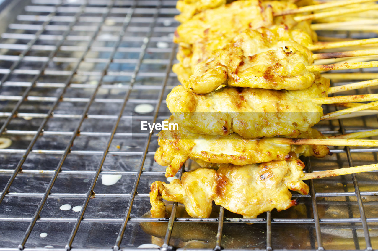 CLOSE-UP OF MEAT ON GRILL