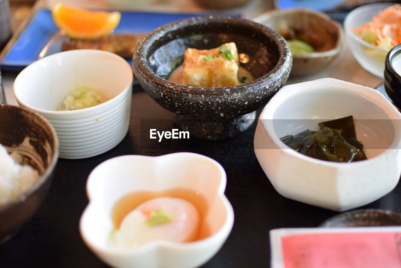 High angle view of food in bowls on table