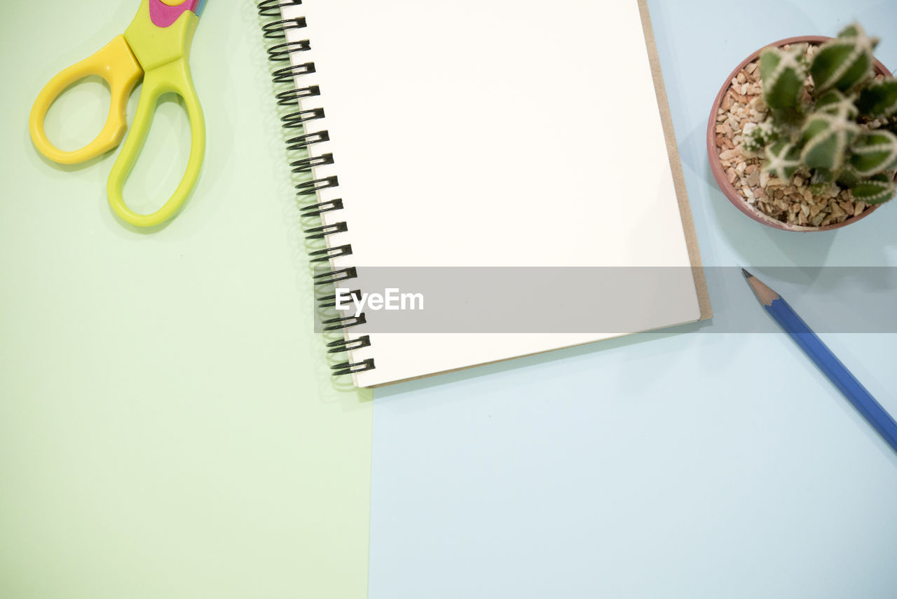 Directly above shot of blank book with potted plant on table