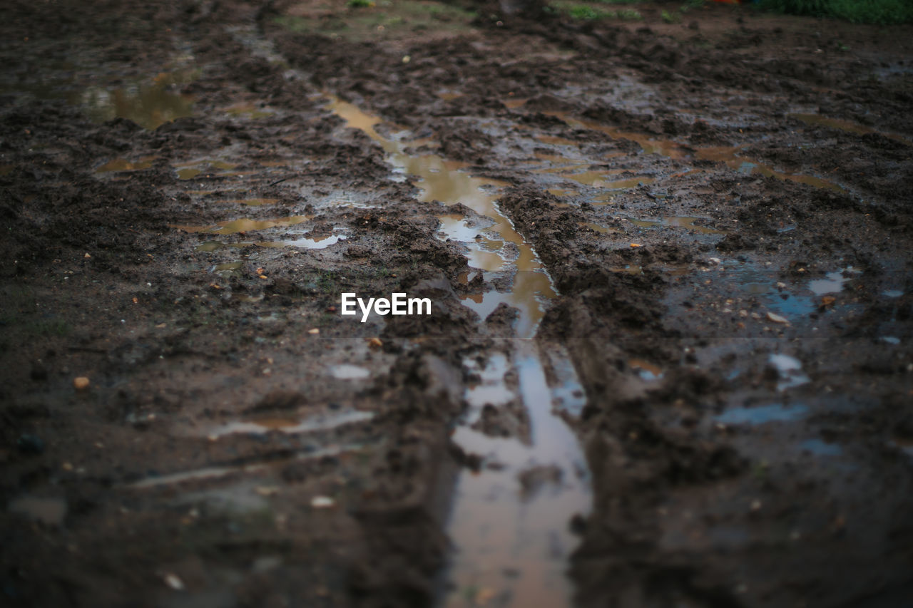 Puddle of mud with car tracks after heavy rain