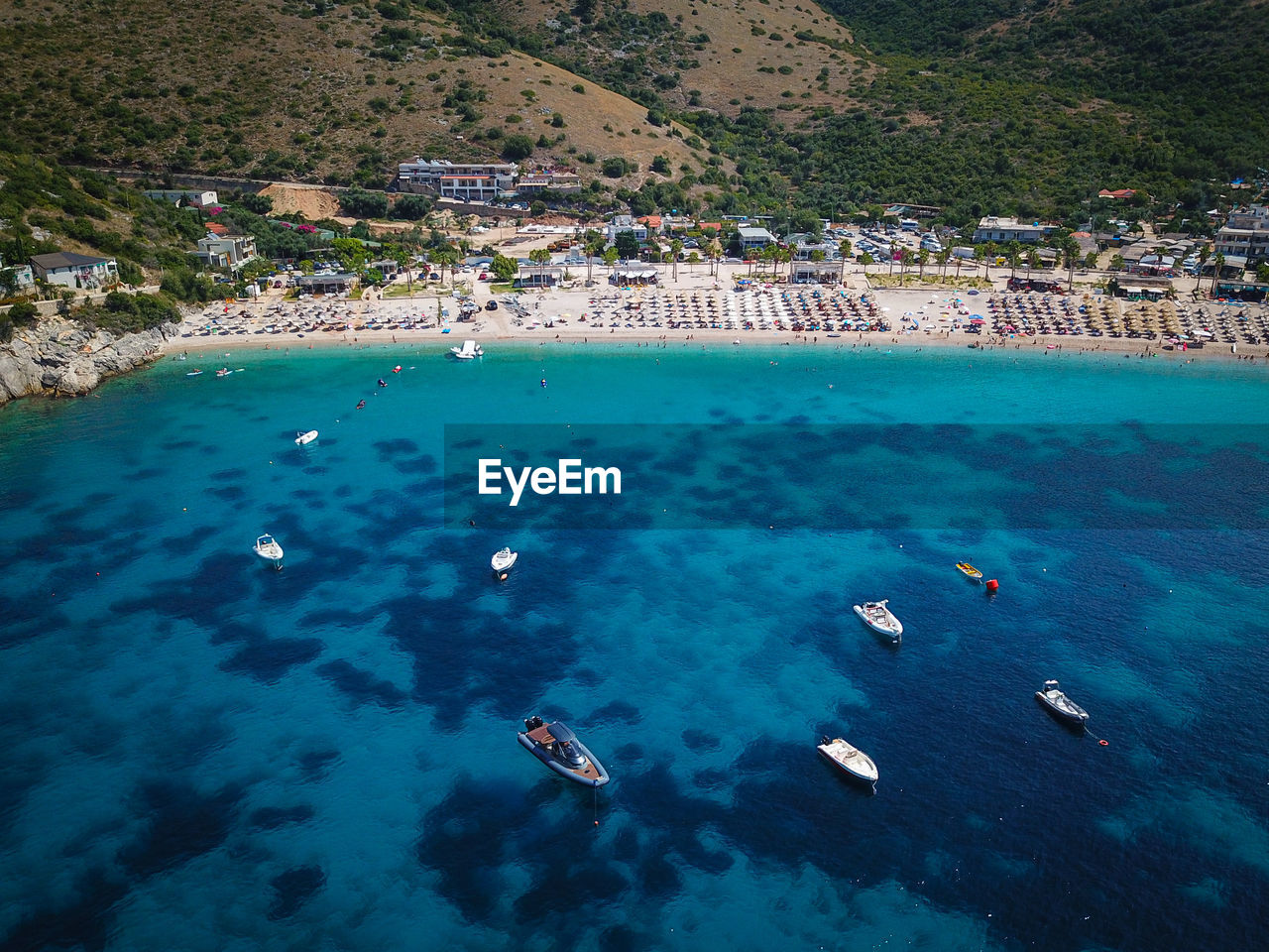 High angle view of boats on sea