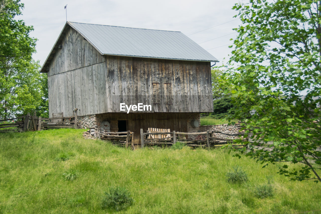 ABANDONED HOUSE ON FIELD AGAINST TREES