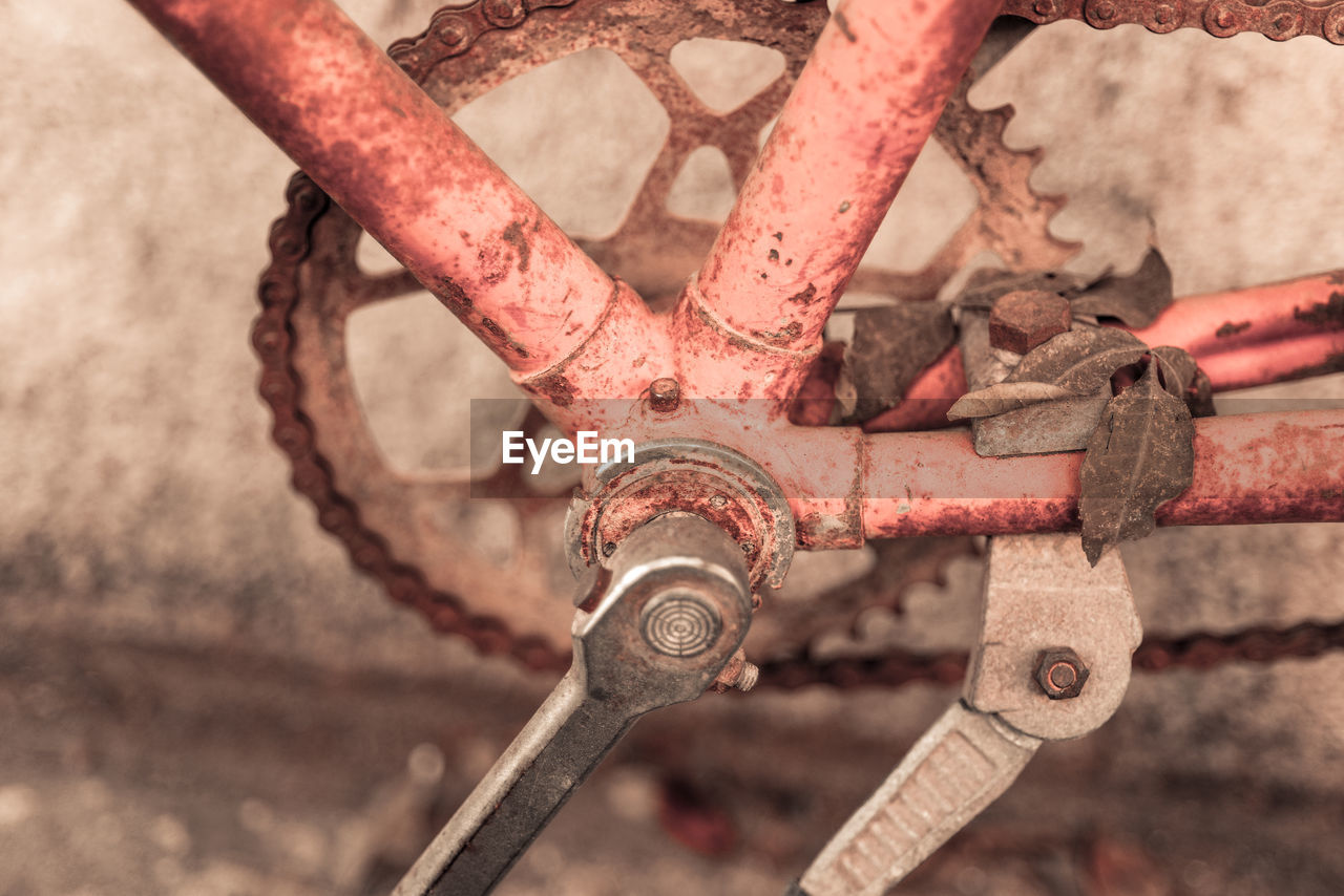 High angle view of rusty bicycle