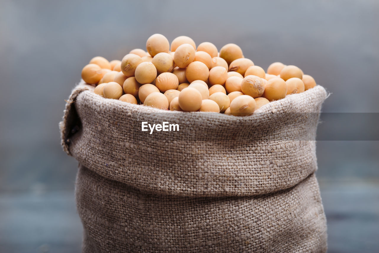 Close-up of soybeans in canvas bag