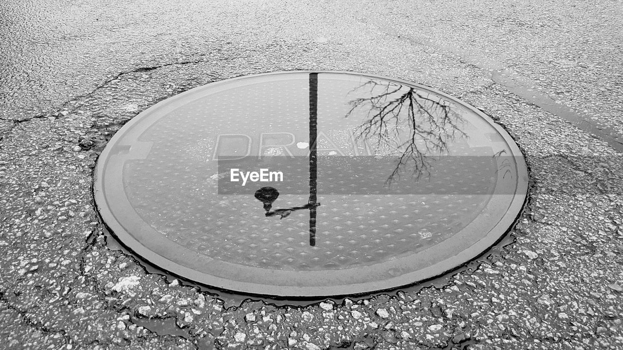 circle, white, high angle view, geometric shape, black and white, monochrome, shape, day, monochrome photography, no people, asphalt, street, road surface, line, black, manhole, outdoors, nature, road, city, close-up