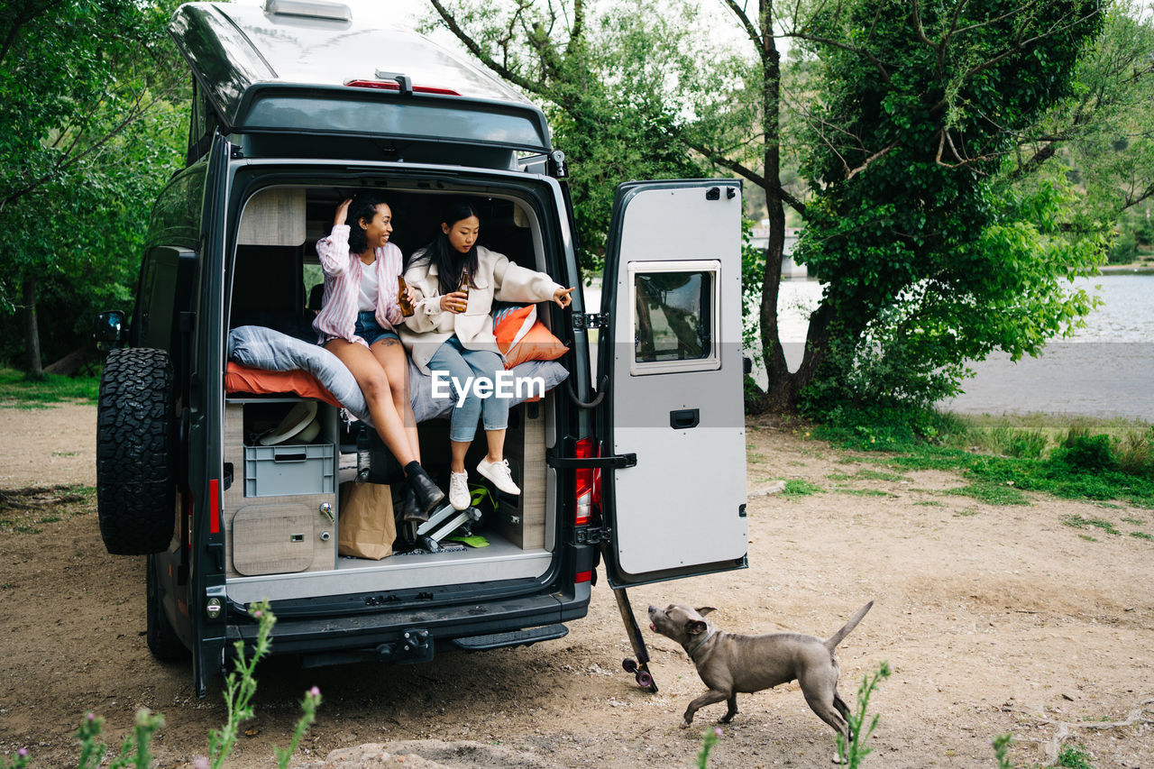 Traveling young multiracial girlfriends drinking beer and giving command to dog while having fun and resting together in camper van parked near river in countryside