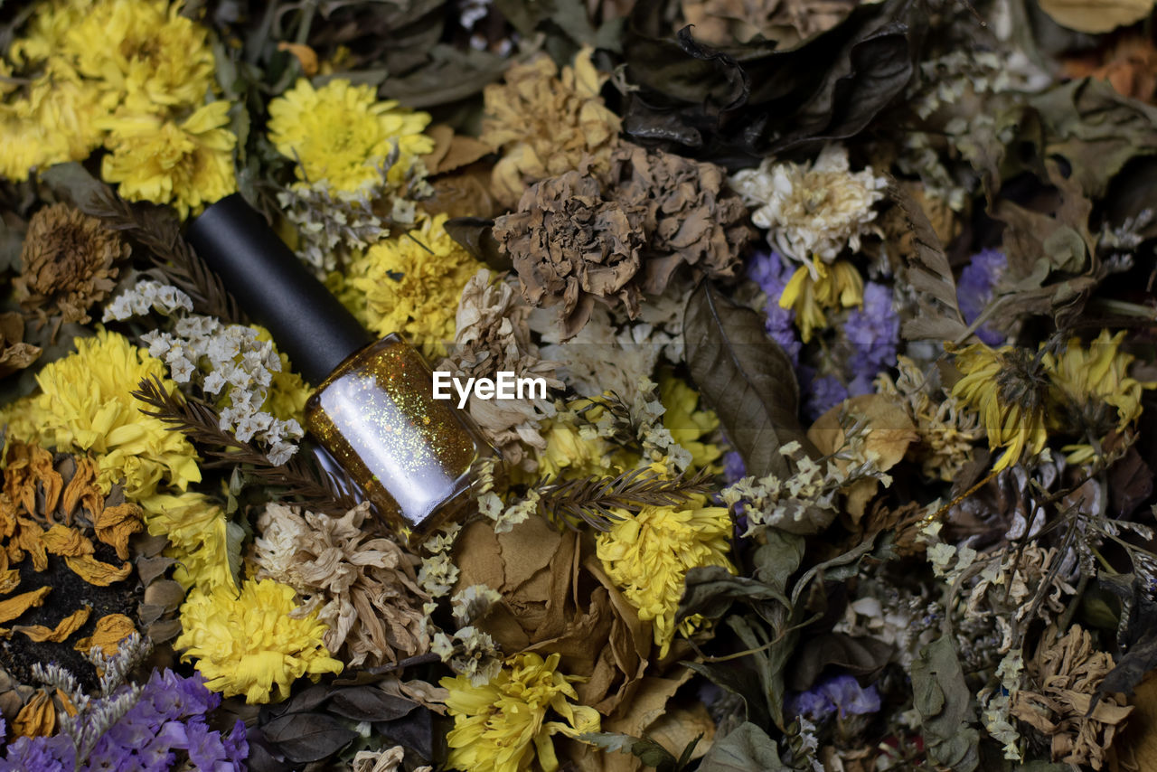 Nail polish, gold and glitter, shiny, reflective, placed amongst assorted dried flowers