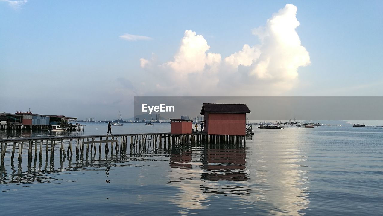 LIFEGUARD HUT IN SEA AGAINST SKY