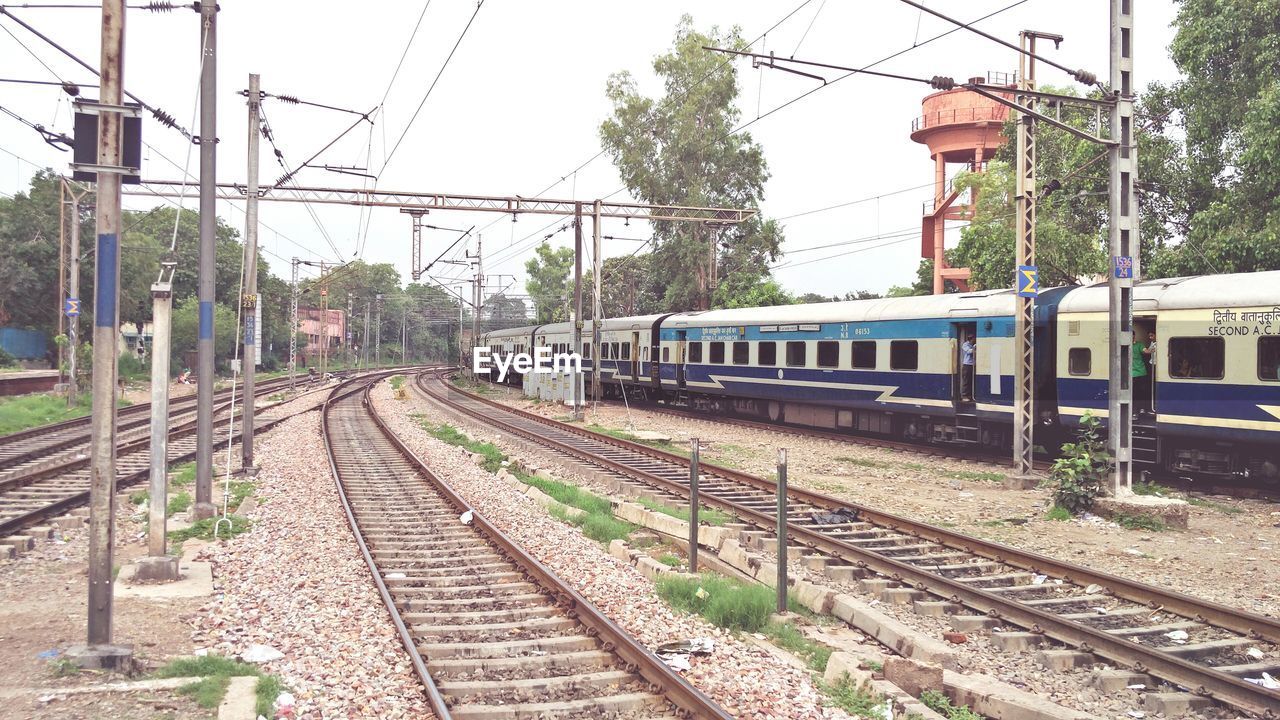 Train moving on railroad tracks against clear sky