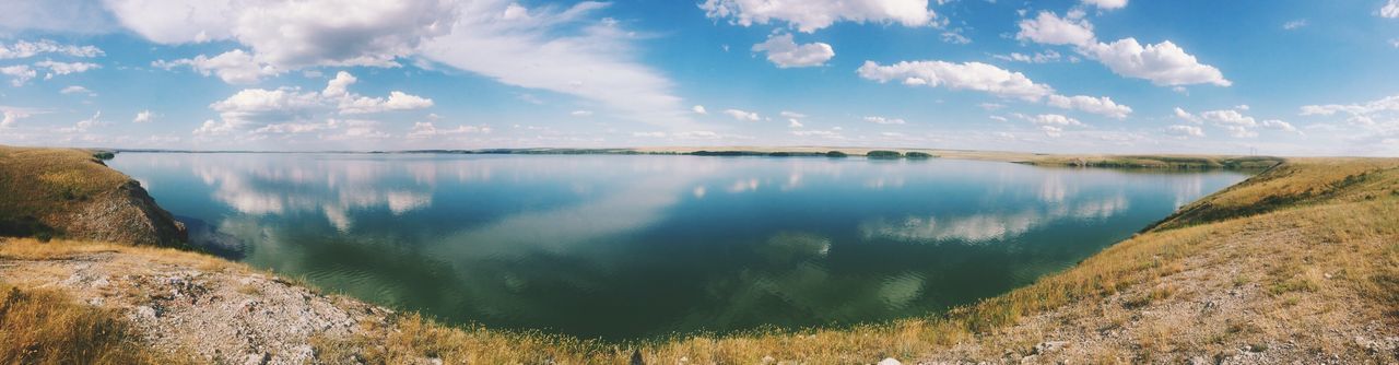 Scenic view of lake against cloudy sky