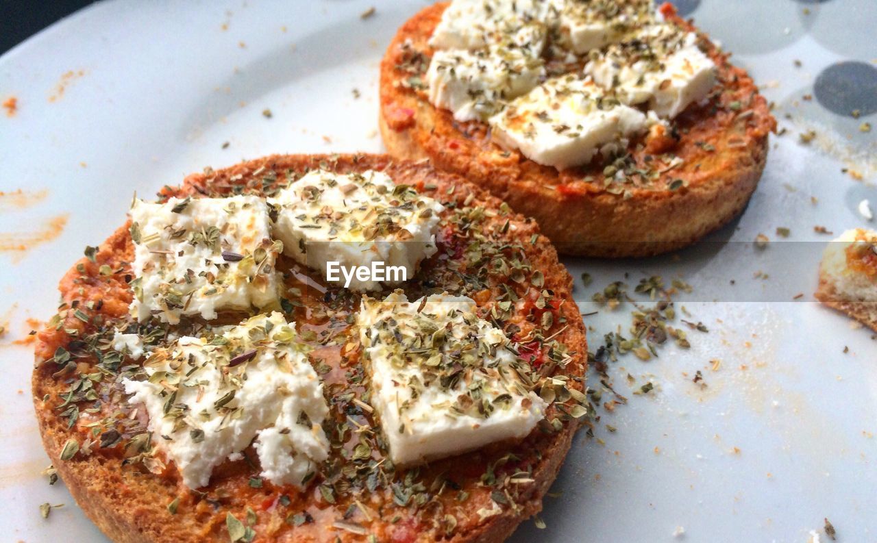 High angle view of toasted breads in plate