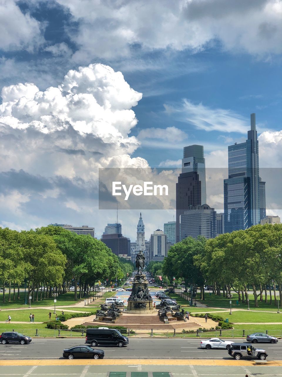 Buildings in city against cloudy sky in philadelphia usa, view from philadelphia museum of art