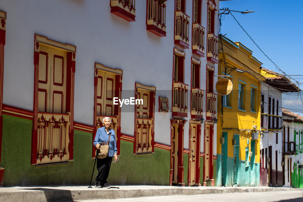 Senior woman tourist at the heritage town of salamina in the department of caldas in colombia