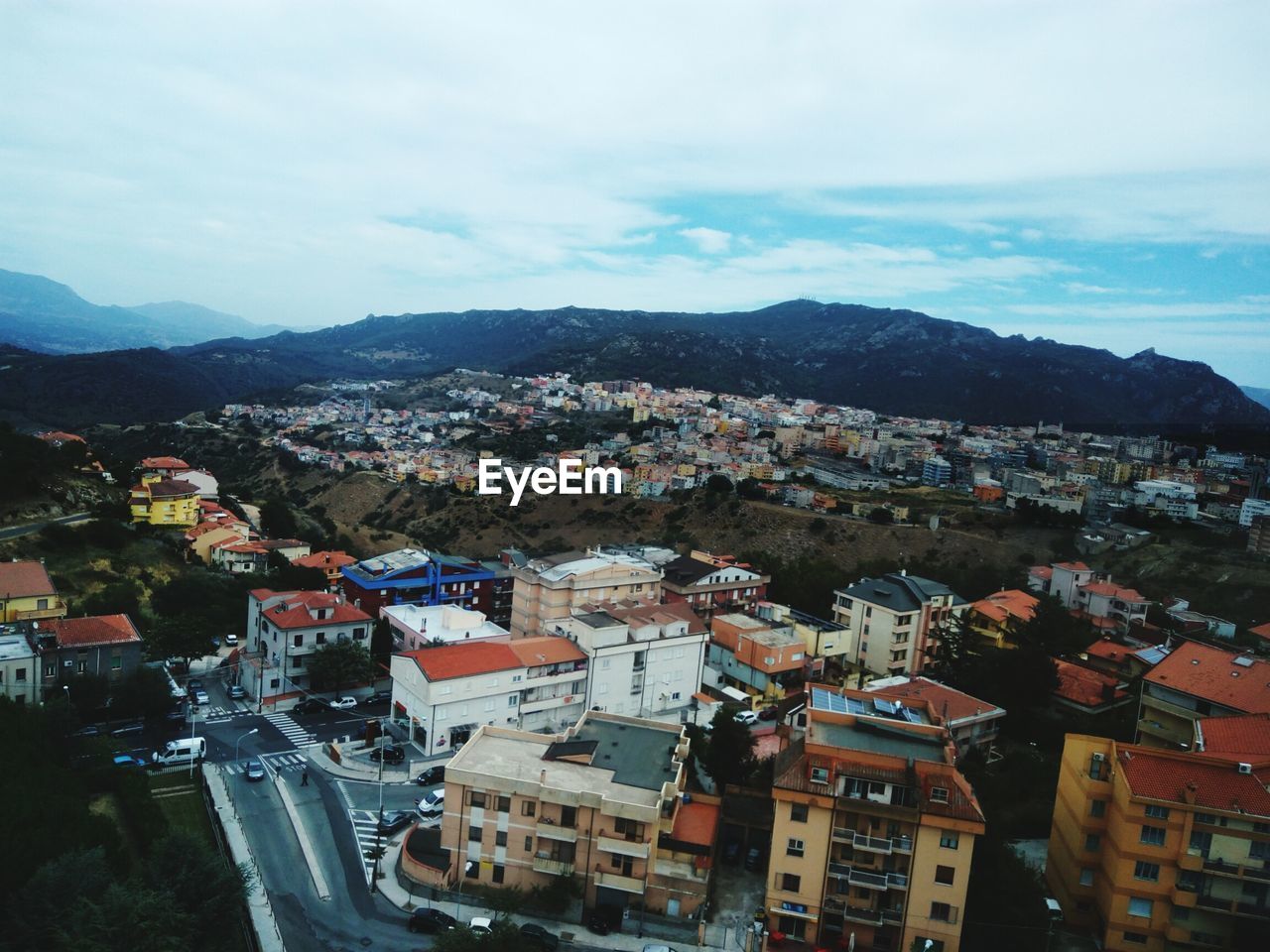 High angle view of town against sky