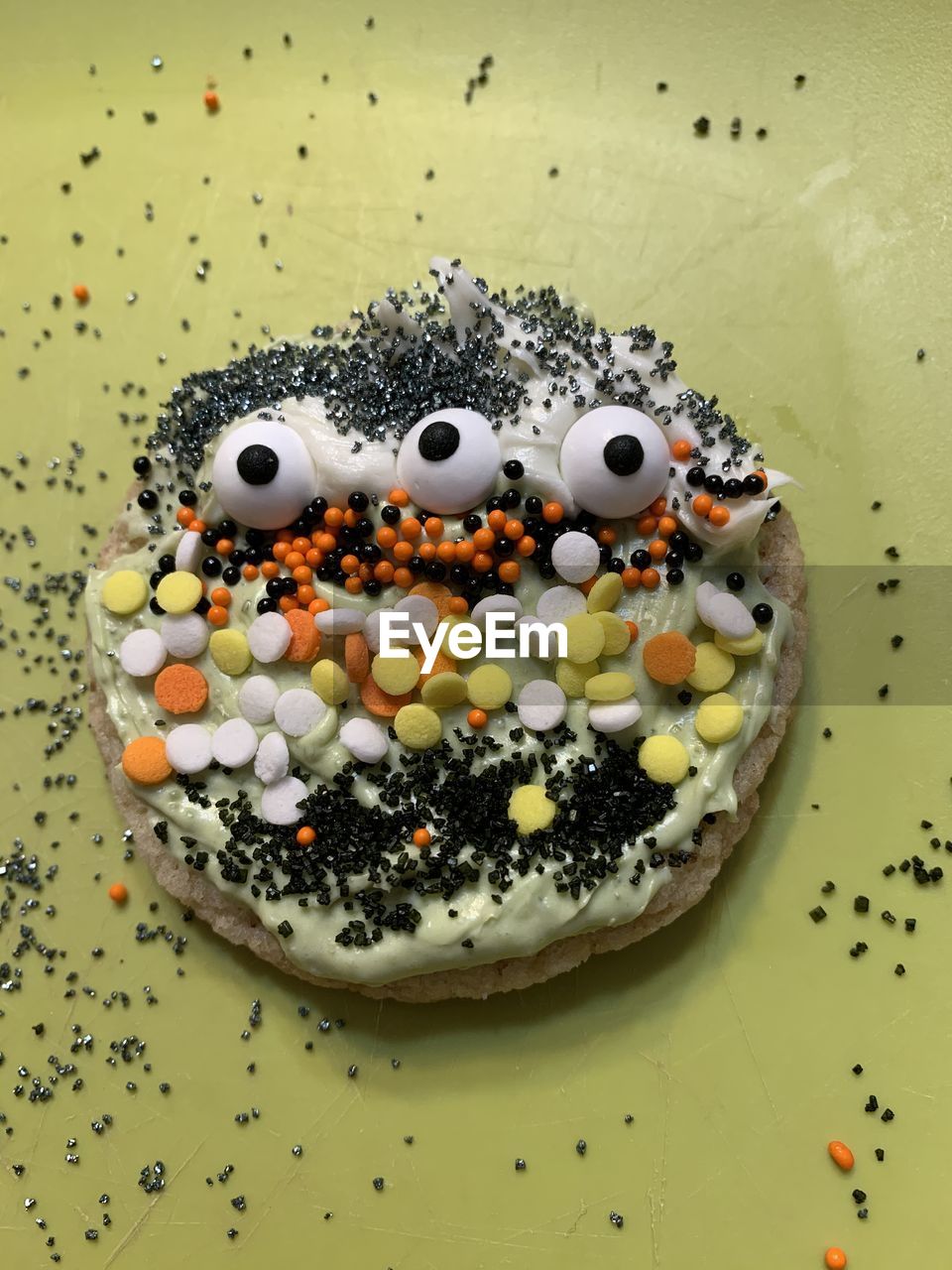 High angle view of monster cookie on table