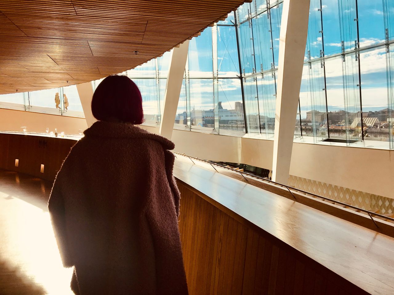 REAR VIEW OF WOMAN STANDING BY WINDOW