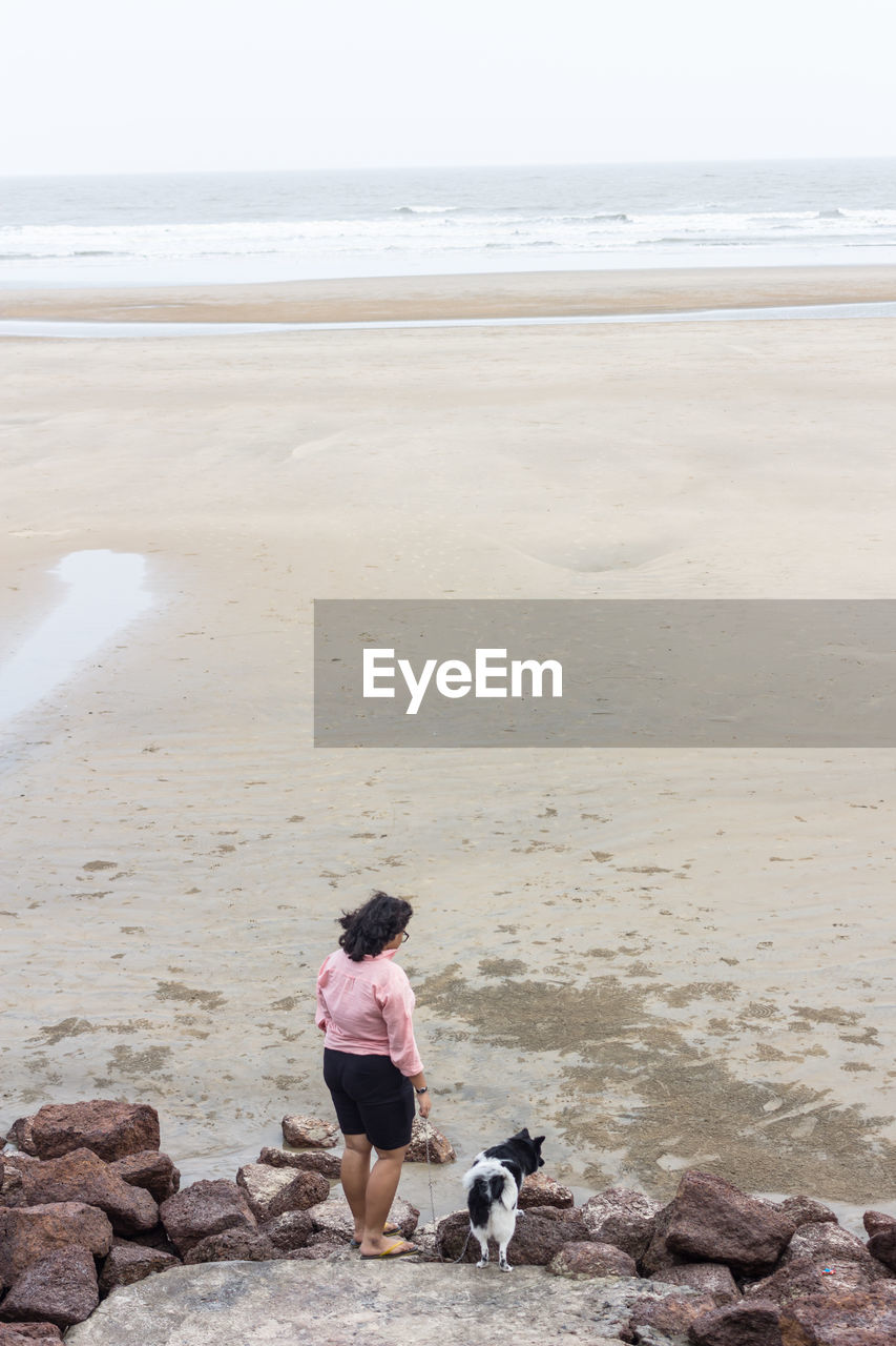 Rear view of woman with dog standing at beach