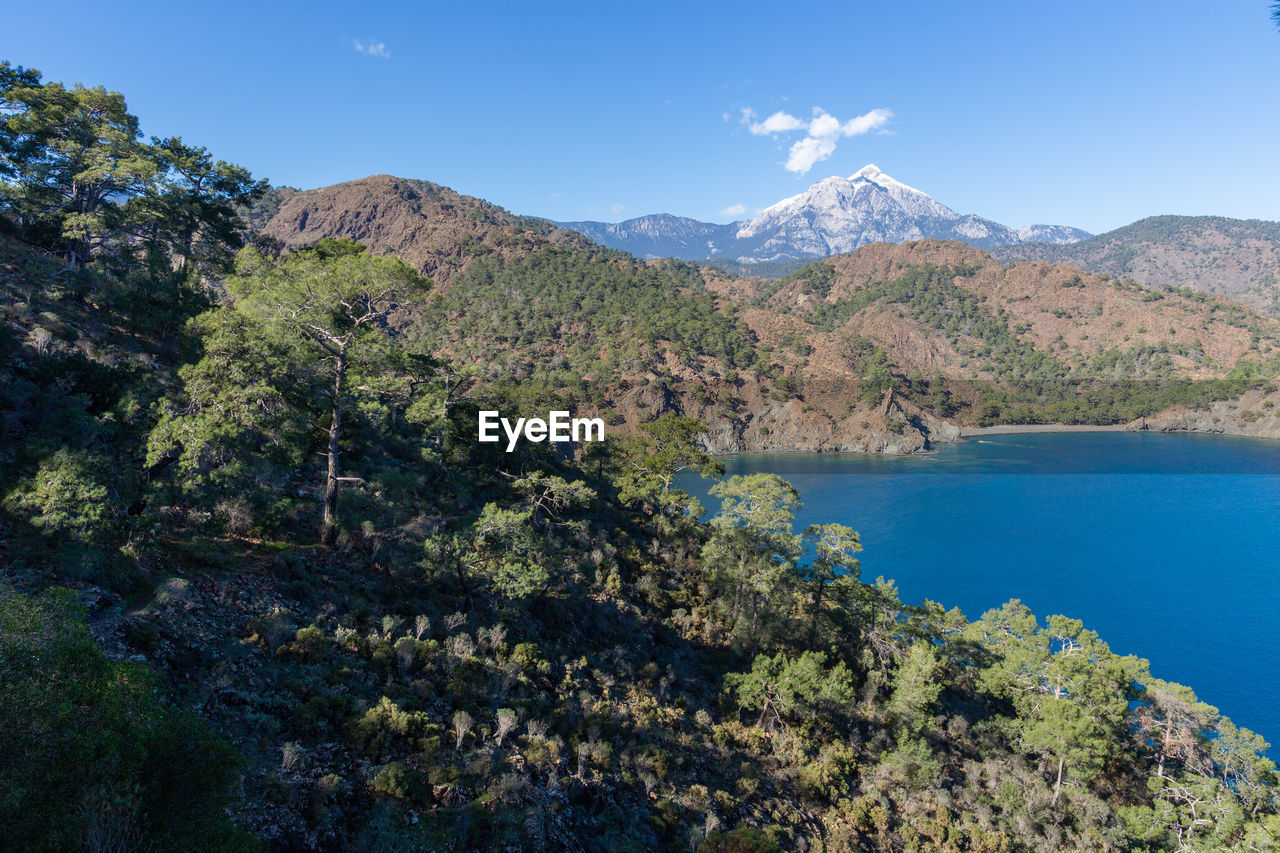 Scenic view of sea and mountains against sky