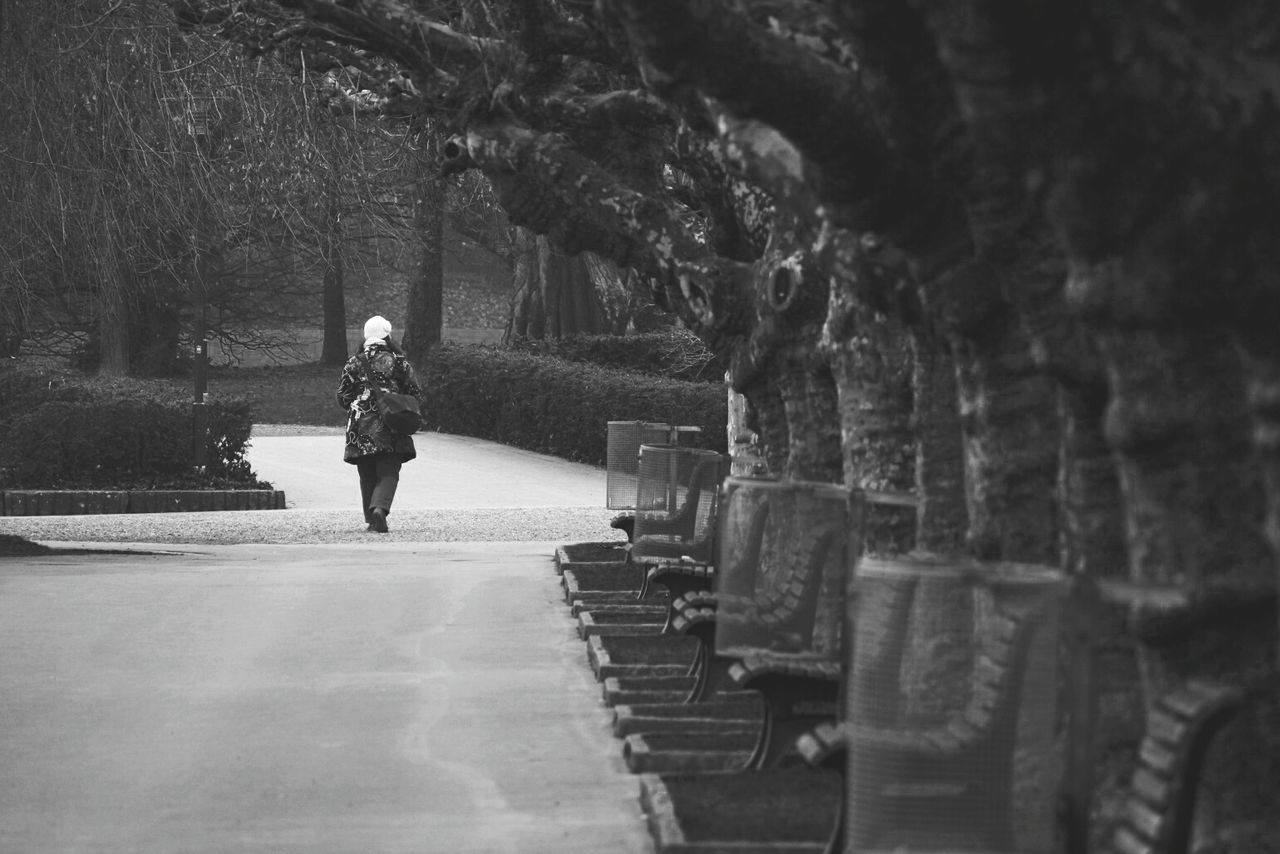 Full length rear view of woman walking in park