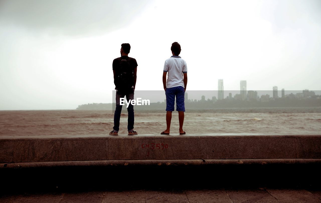 Rear view of men standing at seaside