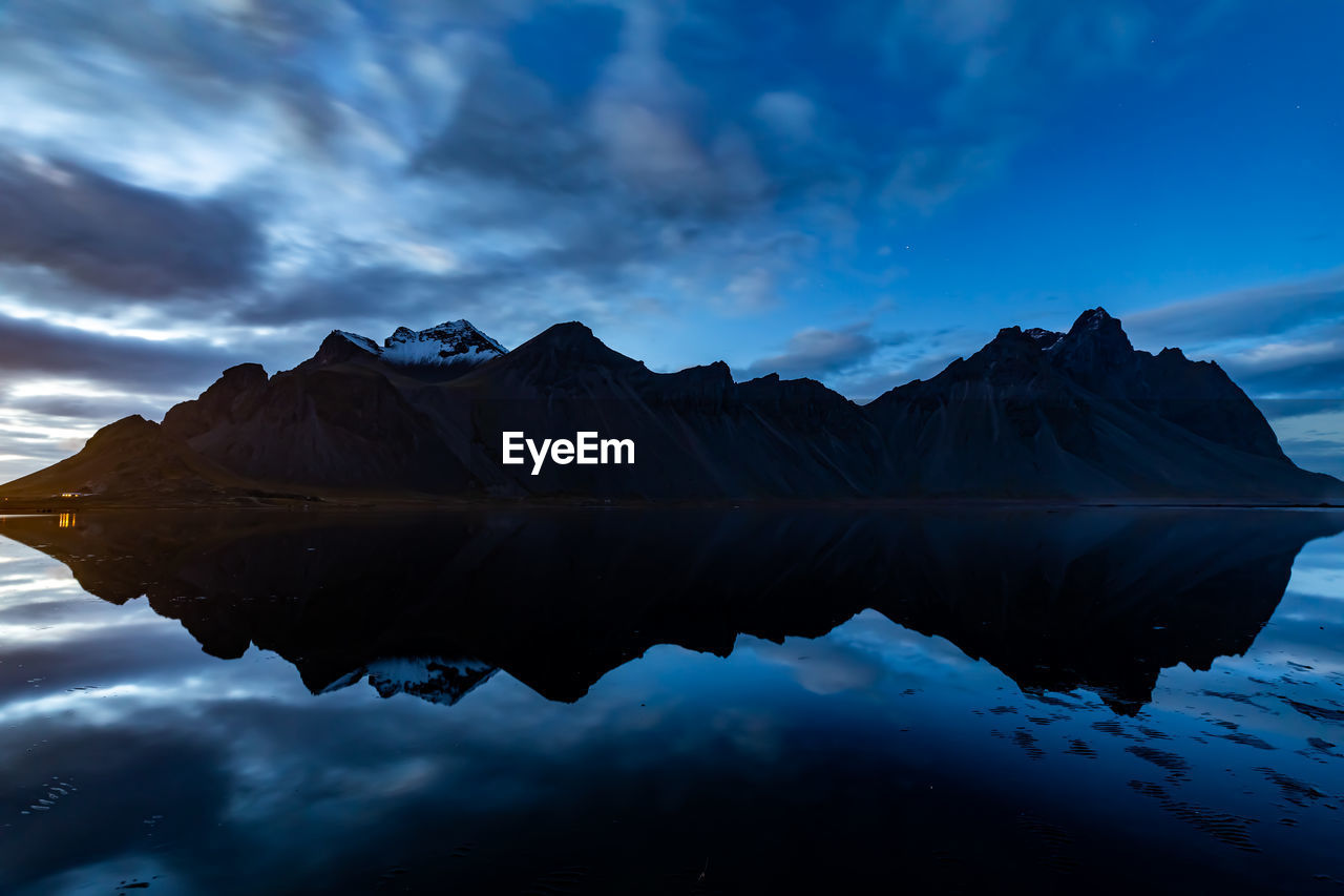 Reflection of mountain in lake against blue sky