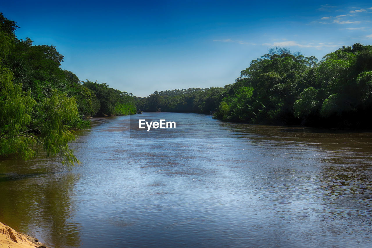 RIVER FLOWING AMIDST TREES AGAINST SKY