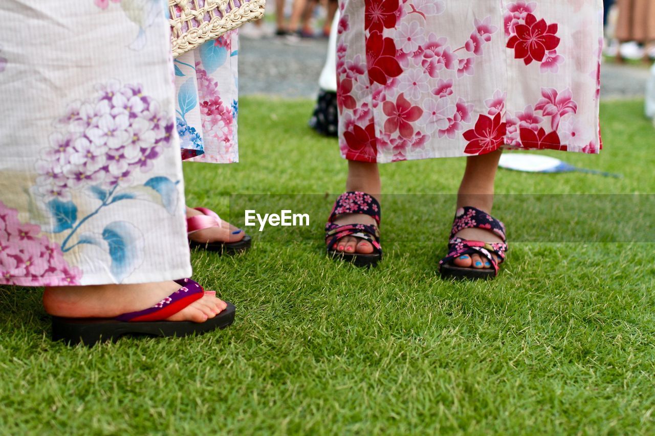 Low section of japanese women standing on grassy field