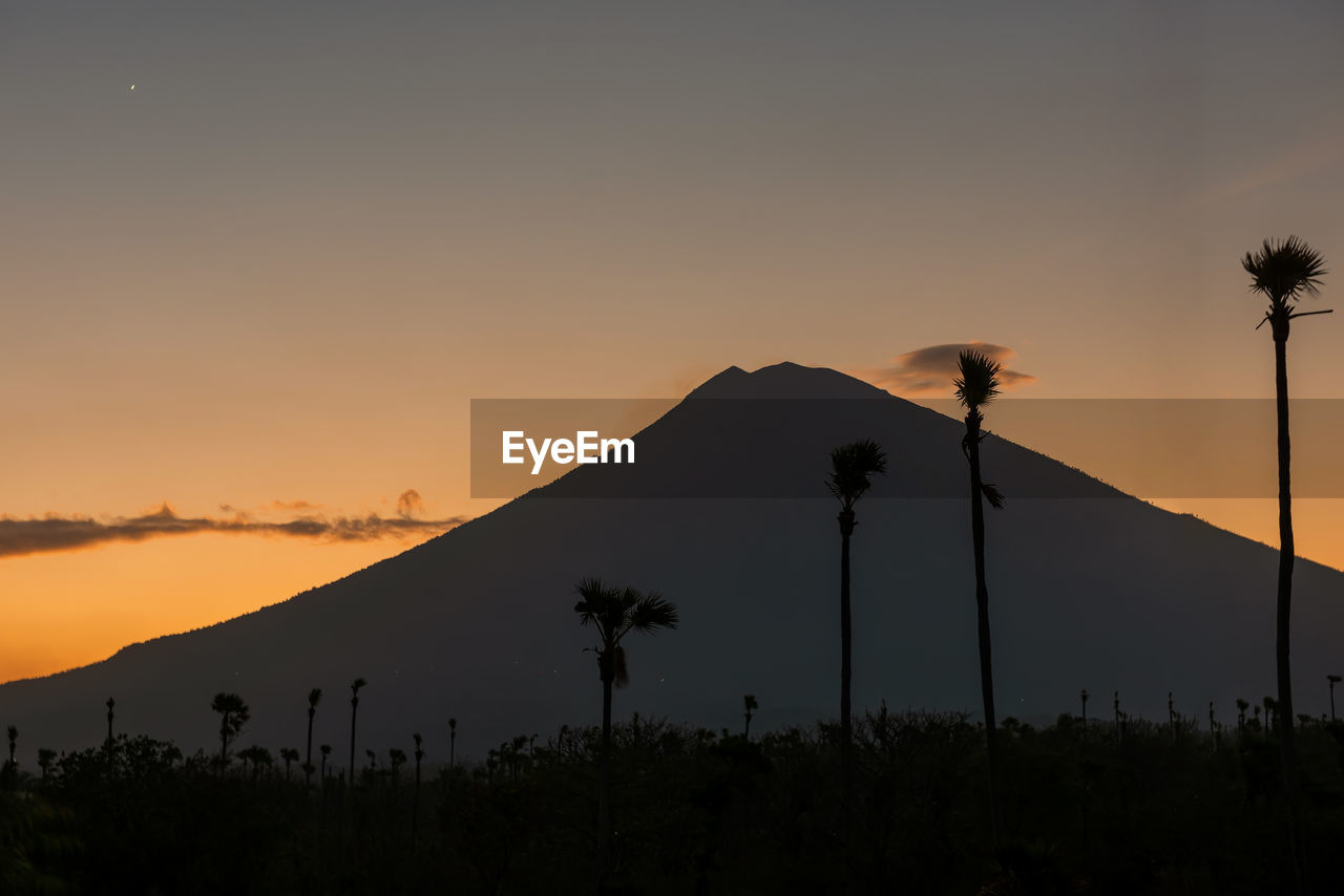 SILHOUETTE TREES AND MOUNTAINS AGAINST SKY DURING SUNSET