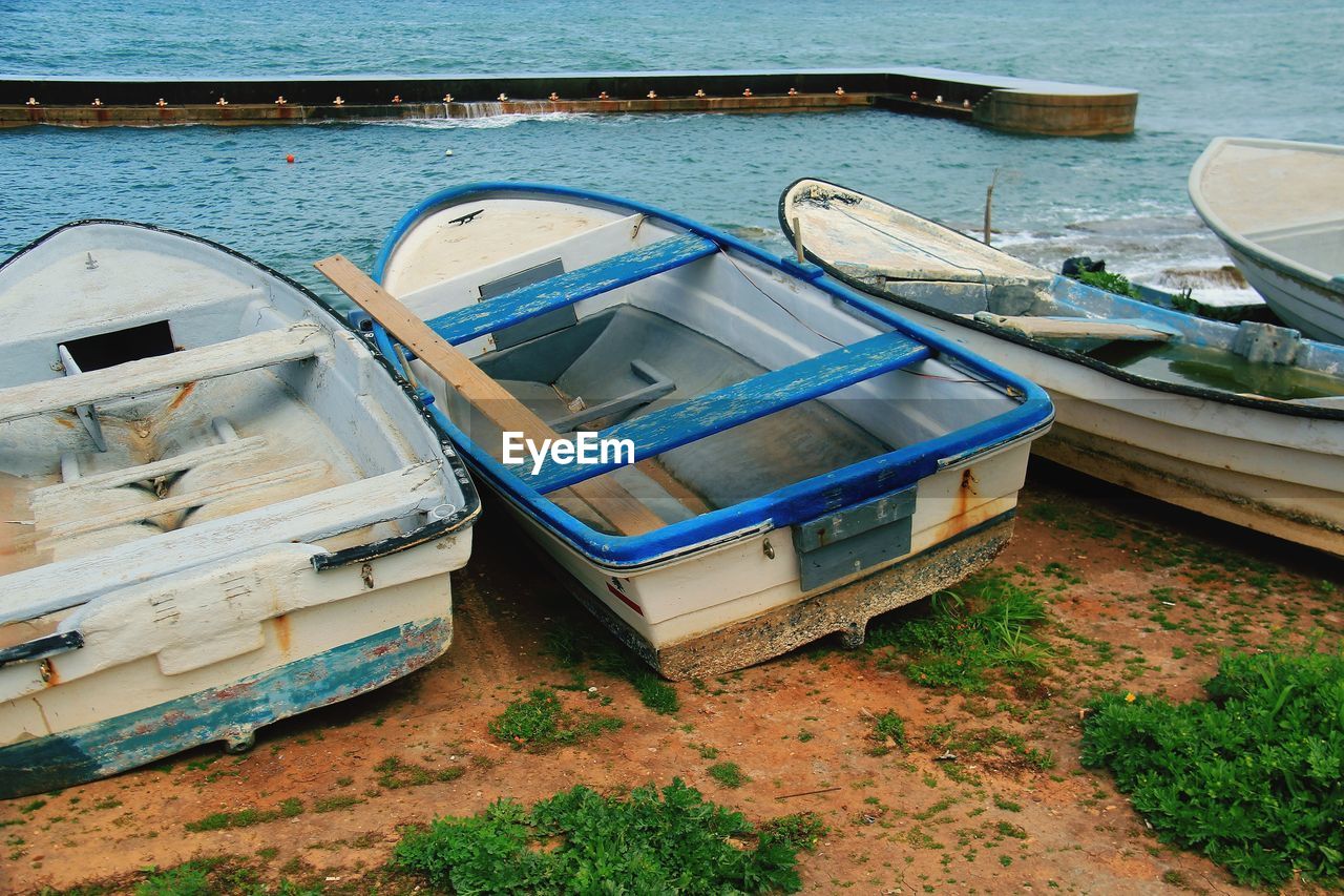 High angle view of boats moored in lake