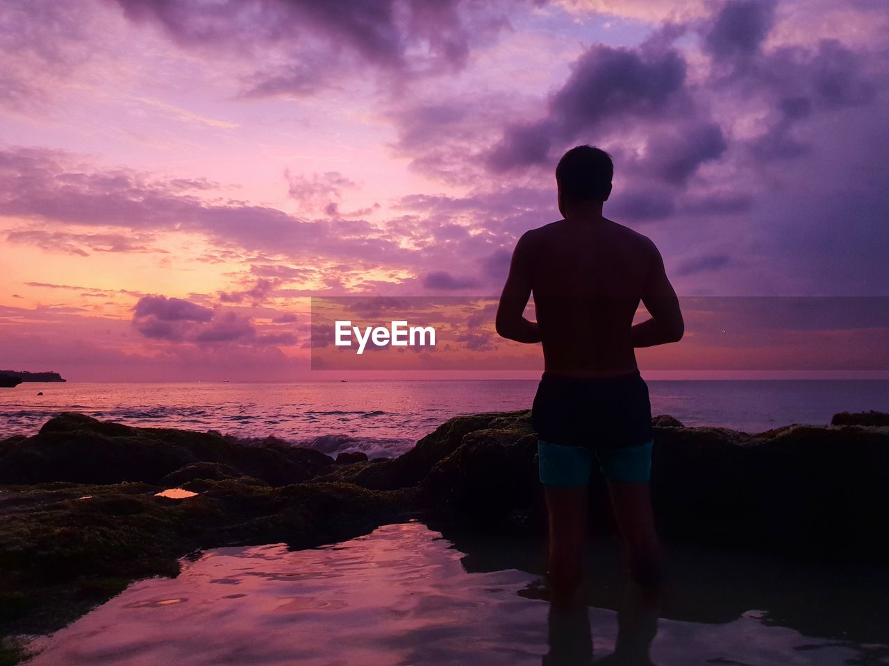 REAR VIEW OF MAN STANDING ON SEA SHORE AGAINST SUNSET SKY