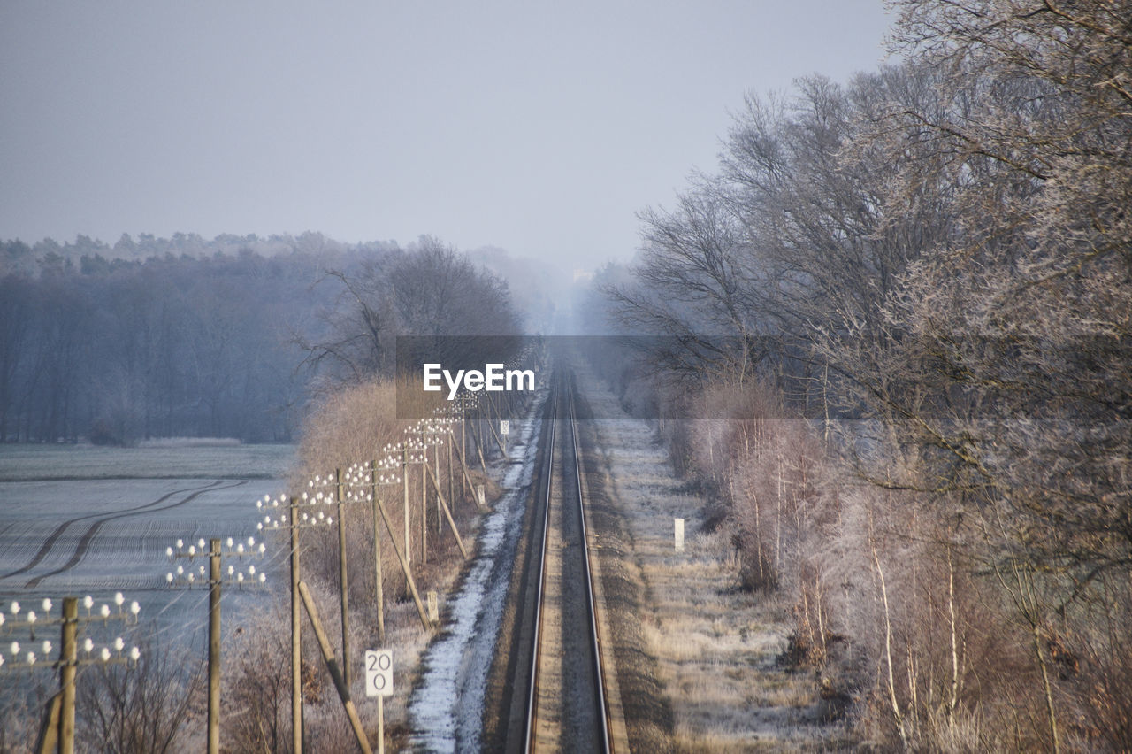 PANORAMIC SHOT OF RAILROAD TRACKS AGAINST SKY