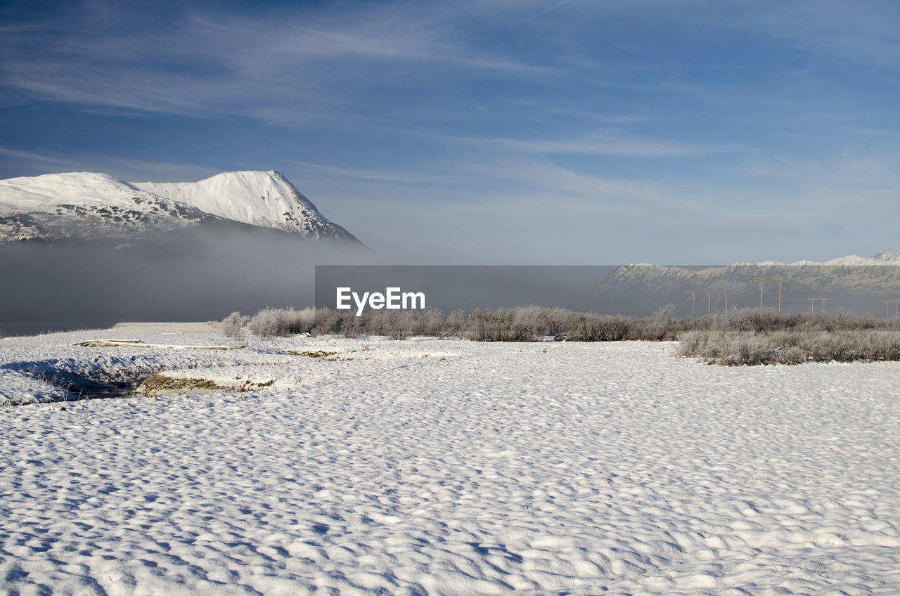 Snow covered landscape against sky